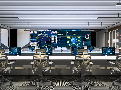 Modern Monitoring Room Interior With Multiple Displays Control Consoles And Data Charts 3d model