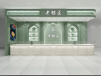 Shopping Mall Silver Jewelry Store with Green Exterior Arched Design Display Cases and Counter 3d model
