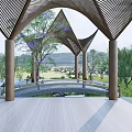 Modern Wooden Landscape Pavilion With Geometric Lattice Roof Water Pond Stone Accents And Surrounding Trees