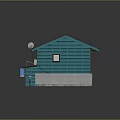 Japanese Traditional Small Shop Building With Blue Walls Dark Roof Garage Door And Satellite Dish