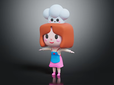 Cute Red Haired Cartoon Character In Blue Apron With Small White Creature On Chef Hat 3d model