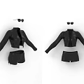 Fashionable Black Leather Jacket And Short Shorts Set With Sunglasses