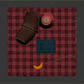 Brown Leather Shoulder Bag On Red Plaid Cloth With Small Accessories