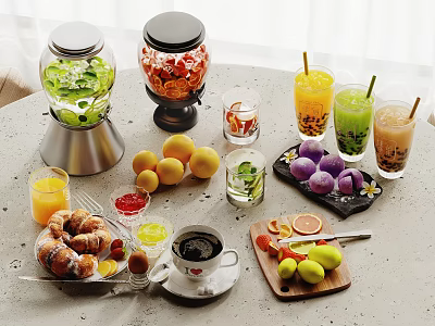 Beverages Display With Fruits Pastries And Refreshments 3d model