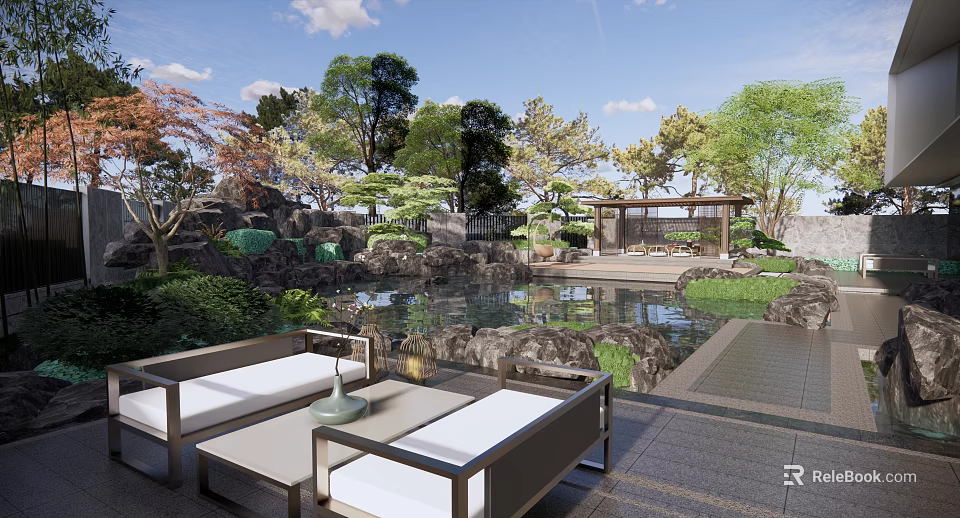 Rockery Stones In Serene Garden With Pond Surrounding Trees Pavilion And Outdoor Sofa 3d model 