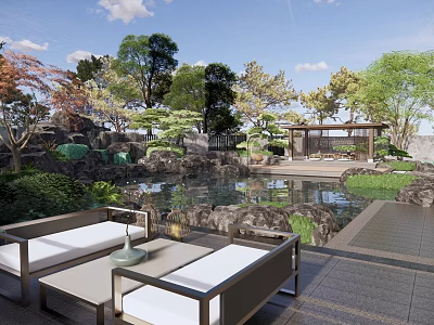 Rockery Stones In Serene Garden With Pond Surrounding Trees Pavilion And Outdoor Sofa 3d model