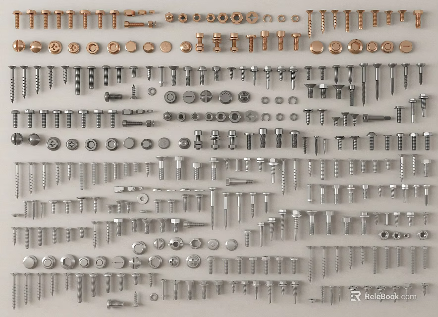 Various Metal Fasteners Including Screws Bolts Nuts and Washers Collection 3d model 