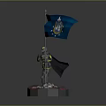 Armored Game Character with Cloak and Blue Flag Featuring Emblem Stars on Skull Decorated Base