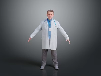 White Lab Coat Stethoscope ID Badge On Male Doctor Standing Against Gray Background Arms Outstretched 3d model