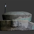Cow Standing Near Traditional Stone Mill with Metal Rod on Dark Background