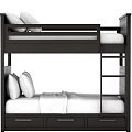 Black Wooden Bunk Bed With Ladder Drawers And White Mattress Pillows