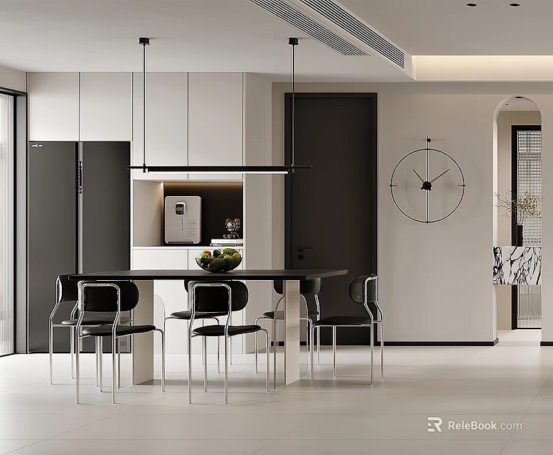 Modern Restaurant Interior With Open Kitchen Black Dining Table White Cabinets And Round Wall Clock 3d model