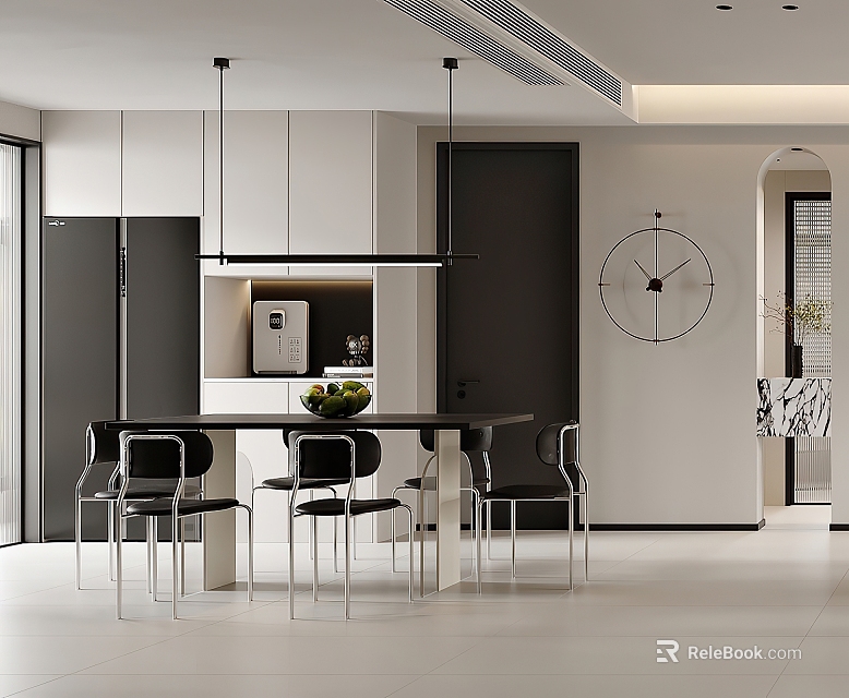 Modern Restaurant Interior With Open Kitchen Black Dining Table White Cabinets And Round Wall Clock 3d model 