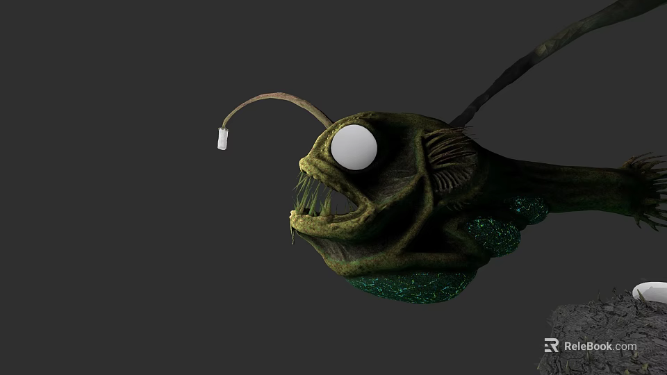 Anglerfish with Large White Eye Open Mouth Sharp Teeth and Green Body in Deep Sea 3d model 