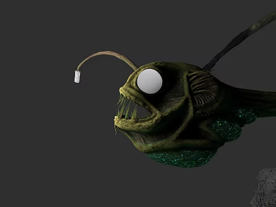 Anglerfish with Large White Eye Open Mouth Sharp Teeth and Green Body in Deep Sea 3d model
