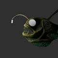 Anglerfish with Large White Eye Open Mouth Sharp Teeth and Green Body in Deep Sea