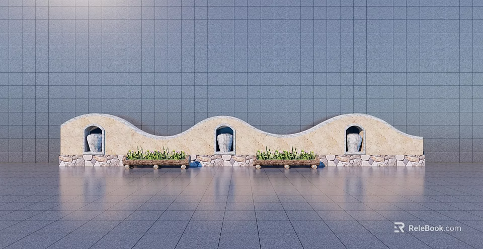 Wavy Stone Feature Wall With Arched Niches And Decorative Green Plants 3d model 