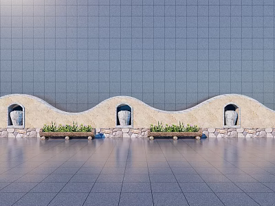 Wavy Stone Feature Wall With Arched Niches And Decorative Green Plants 3d model