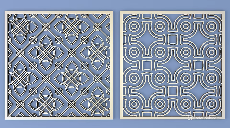 Traditional Lattice Window Design With Geometric Patterns Blue Background And Light Frame 3d model 