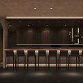 Japanese Restaurant Interior With Wooden Bar Counter High Stools Warm Lighting And Wine Racks