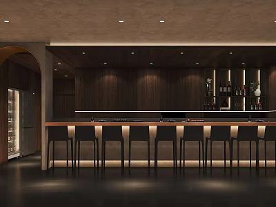Japanese Restaurant Interior With Wooden Bar Counter High Stools Warm Lighting And Wine Racks 3d model