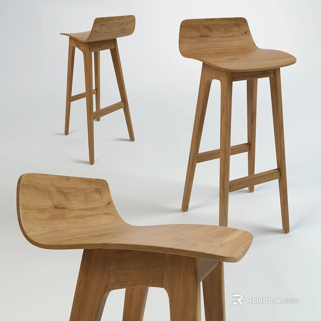 Modern Natural Wood Bar Stools With Ergonomic Curved Seat And Sturdy Leg Design 3d model 