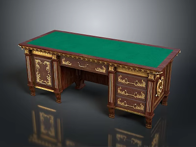 Ornate Wooden Desk With Green Top Gold Accents Intricate Drawers And Classic Design 3d model