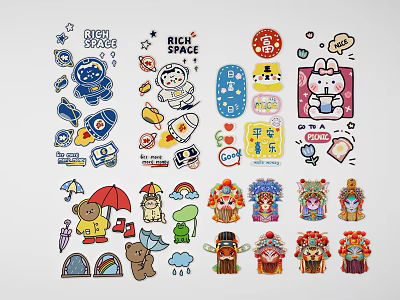 Cute Cartoon Wall Decor With Astronaut Rocket Rabbit Peking Opera Masks And Rainbow 3d model