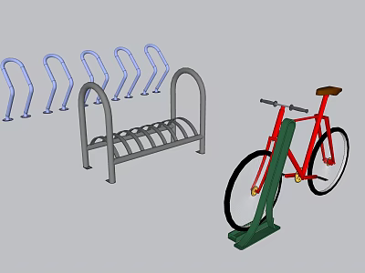 Multiple Metal Bicycle Racks With Red Bike Parked On Green Stand 3d model