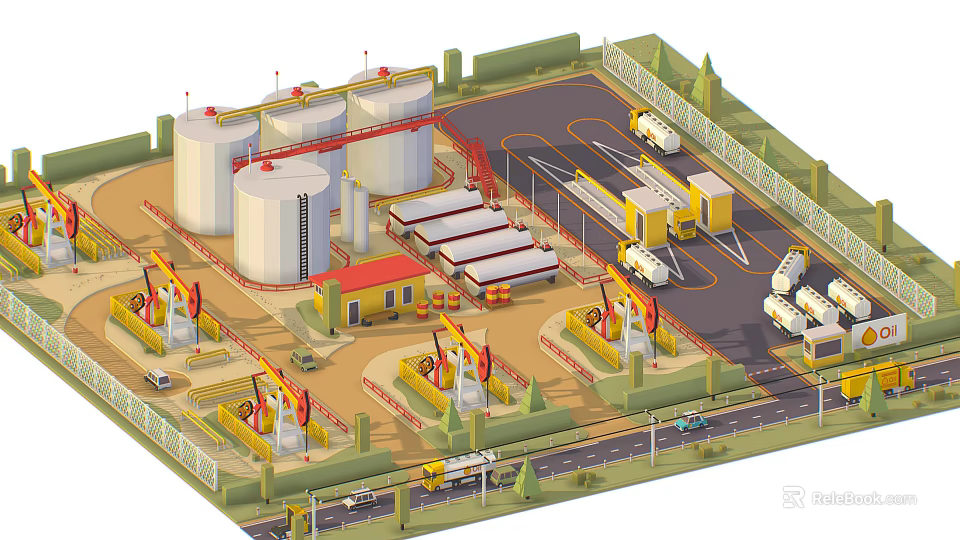 Cartoon Style Oil Industry Facility With Storage Tanks Oil Pumps Trucks And Roads 3d model 