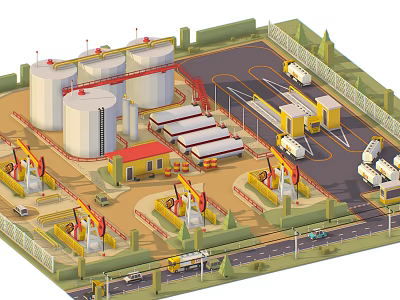 Cartoon Style Oil Industry Facility With Storage Tanks Oil Pumps Trucks And Roads 3d model
