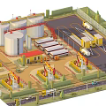 Cartoon Style Oil Industry Facility With Storage Tanks Oil Pumps Trucks And Roads