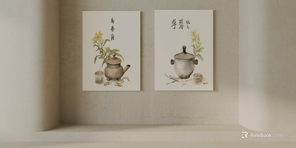 Traditional Chinese Decorative Paintings With Tea Pot And Cooking Pot Floral Elements 3d model 