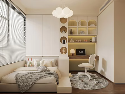 Tatami Bedroom Interior With Built in Storage Cabinets Desk Chair And Window 3d model