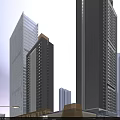 Modern Office Building with Glass Facade Illuminated Lights Large Billboards Plaza and Green Umbrella Seats