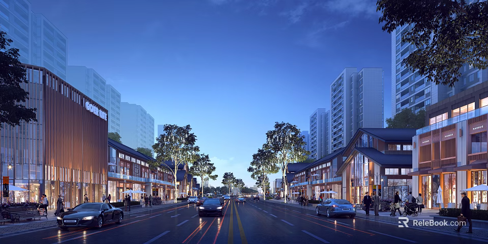 Aerial Planning of Urban Street with Commercial and Residential Buildings Moving Vehicles Pedestrians and Green Trees 3d model 