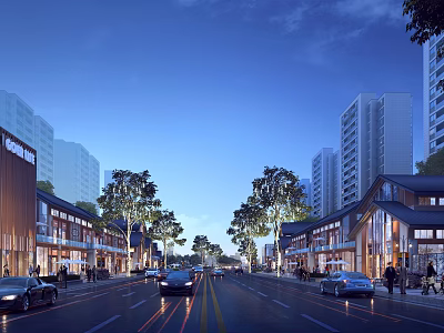 Aerial Planning of Urban Street with Commercial and Residential Buildings Moving Vehicles Pedestrians and Green Trees 3d model