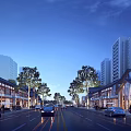 Aerial Planning of Urban Street with Commercial and Residential Buildings Moving Vehicles Pedestrians and Green Trees