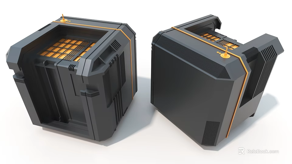 Dual Black Industrial Equipment Units With Gold Accents And Structural Grille Design 3d model 