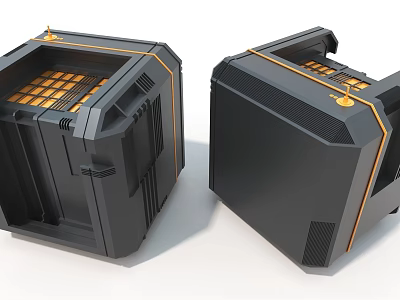 Dual Black Industrial Equipment Units With Gold Accents And Structural Grille Design 3d model