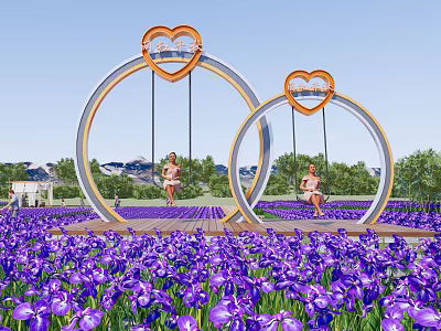 Outdoor Playground Swings With Heart Shaped Tops And Circular Frames In Purple Flower Field 3d model