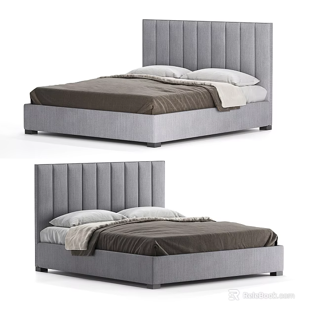 Modern Double Bed With Upholstered Gray Headboard And Brown Bedding Set Design 3d model