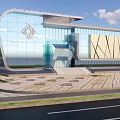 Modern Building With Geometric Facade Silver Beige Exterior Glass Windows Spacious Plaza And Green Lawns