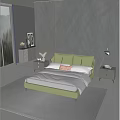 Modern Green Leather Double Bed With Gray Bedding Orange White Pillows Nightstands Lamps Window Trees