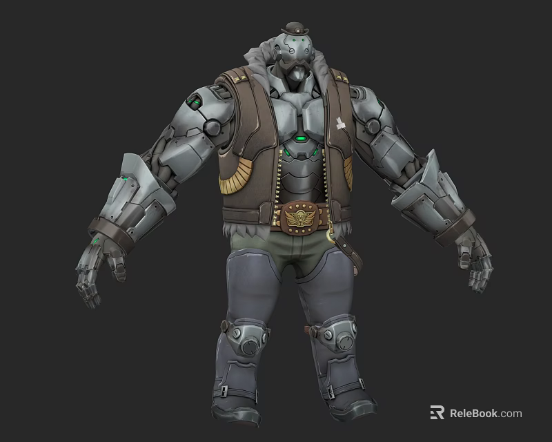 Sci-Fi Robot Game Movie Character With Metallic Armor Green Core Brown Vest And Mechanical Limbs 3d model 