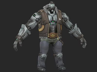 Sci-Fi Robot Game Movie Character With Metallic Armor Green Core Brown Vest And Mechanical Limbs 3d model