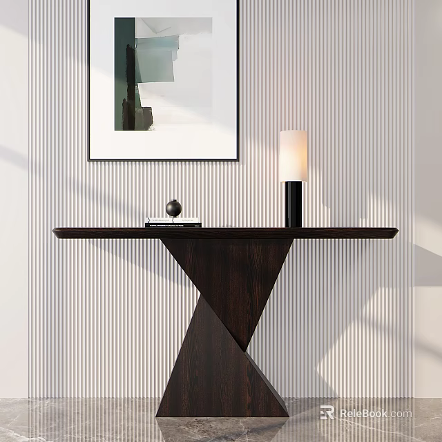 Modern Minimalist Console Table With Dark Wood Design Table Lamp Decorative Painting And Striped Wall 3d model 