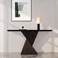 Modern Minimalist Console Table With Dark Wood Design Table Lamp Decorative Painting And Striped Wall