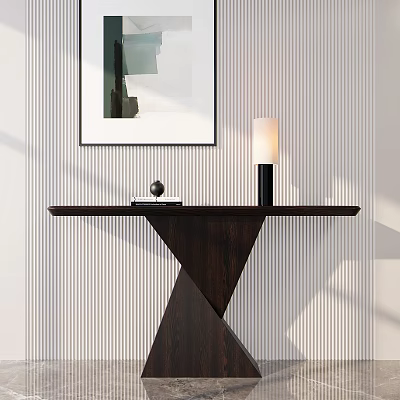 Modern Minimalist Console Table With Dark Wood Design Table Lamp Decorative Painting And Striped Wall 3d model