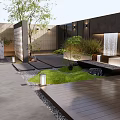 Stylish Courtyard Garden Design With Fire Pit Outdoor Sofa Green Plants And Stone Flooring